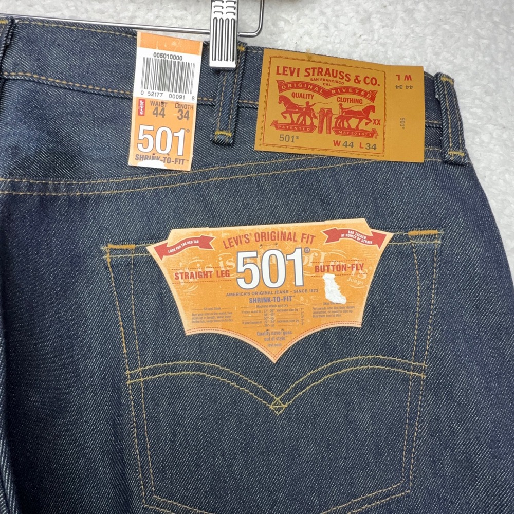 Levis 501 Original Fit Shrink-To-Fit Raw Unwashed Denim Jeans Mens 44x34 Indigo
